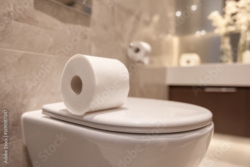 Clean, modern bathroom with a roll of toilet paper on the seat