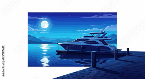 Luxurious yacht docked by a tranquil lake under a glowing full moon.