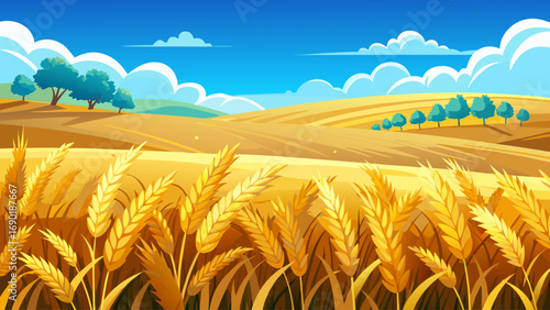 Illustration of a vast golden yellow wheat field under a bright blue sky, designed as a poster background, minimal yet scenic rural landscape with farm atmosphere, perfect for agricultural themes