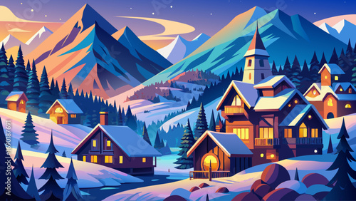 Lofi art style illustration of a cozy European mountain village during winter, surrounded by snowy peaks and pine forests, warm glowing lights from small houses