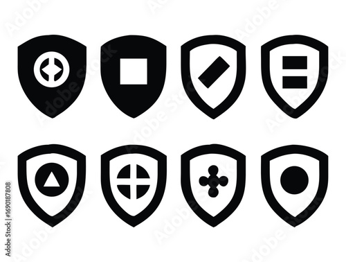 Collection of eight shield icons with diverse internal geometric symbols for security and protection