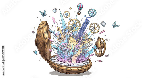Whimsical pocket watch bursts open, releasing a vibrant explosion of gears, butterflies, and hot air balloons.