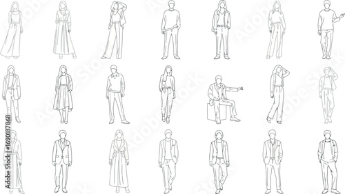 Vector vector art of collection of diverse people figures in sketch style, standing and sitting, transparent background