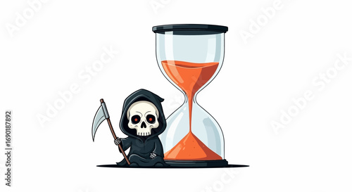 Grim Reaper patiently waits beside an hourglass, symbolizing the passage of time and mortality.