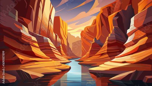 Scenic view of Antelope Canyon with its famous natural rock formations, narrow passageways carved by water over time, warm orange and red sandstone walls with smooth textures and dramatic light beams