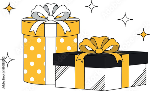 Vector vector art of two gift boxes, one round and one rectangular, decorated with yellow polka dots and ribbons, transparent background