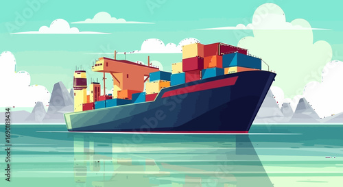 Massive cargo ship sails across calm blue ocean waters under a bright sky