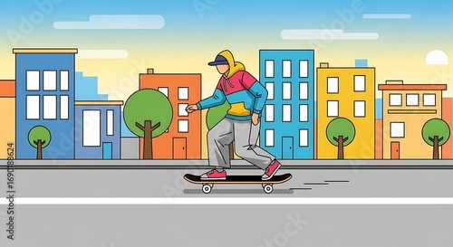 Skateboarder riding down the street in the city.