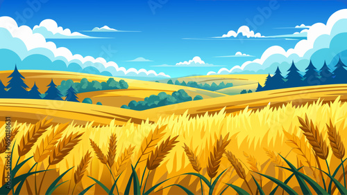 Illustration of a vast golden yellow wheat field under a bright blue sky, designed as a poster background, minimal yet scenic rural landscape with farm atmosphere, perfect for agricultural themes