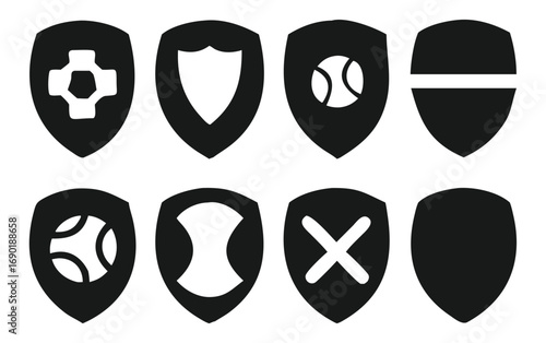 Collection of eight shield icons featuring sports balls geometric shapes and symbols