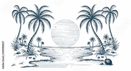 Serene tropical beach scene with palm trees and a large sun reflected on calm water.
