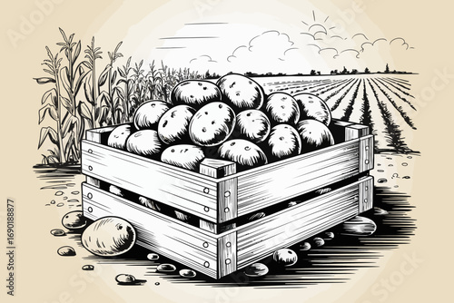 Hand Drawn Potatoes in Crate with Farm Field Landscape Sketch Style Illustration for Organic Food Market