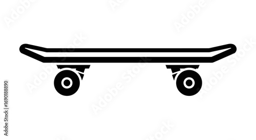 Black Skateboard Icon with Wheels, Deck, and Trucks.