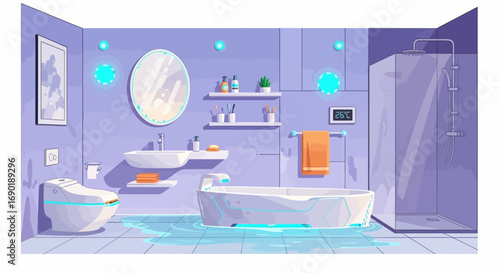 Futuristic bathroom with smart technology and glowing accents for a modern, clean aesthetic.