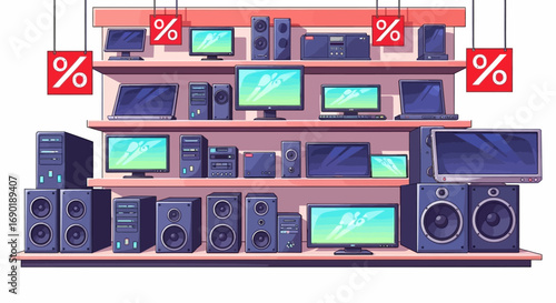 Electronics store display showcasing computers and audio equipment on sale