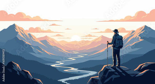 Solo hiker stands on mountain peak, gazing at breathtaking sunrise over a vast valley landscape.