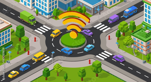 Connected city traffic flows smoothly through a smart intersection with wireless technology