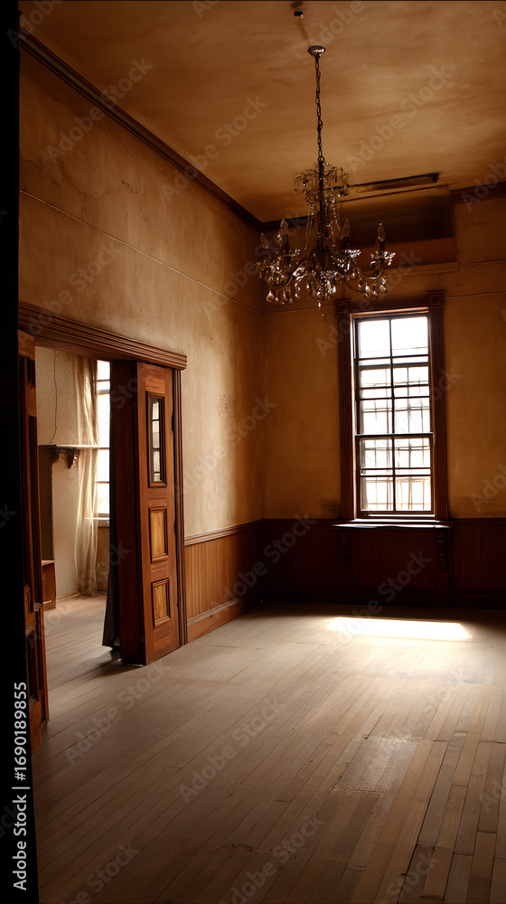 Obraz premium Sunlit Room: Explore the quiet serenity of an old room, with sunlight gently streaming through the window, the architecture tells stories from the past, wooden floors.