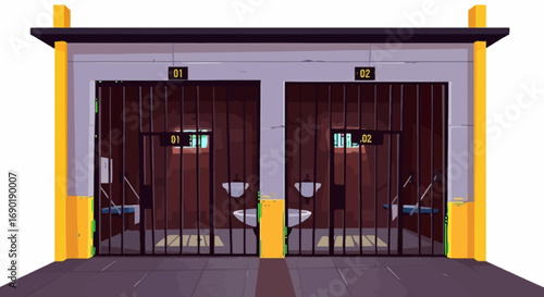 Two jail cells with barred doors and visible interiors, representing confinement and security.