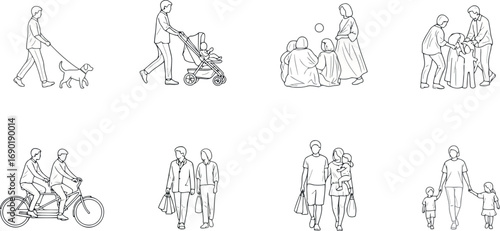 Vector vector art of collection of line drawings of people engaged in various activities, transparent background