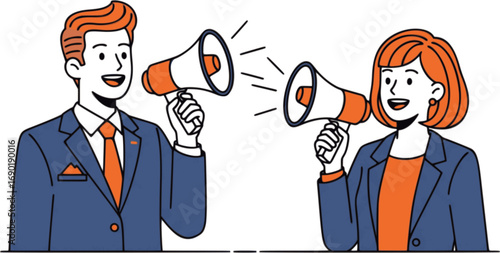 Loudspeaker Communication. Sales Team or Colleagues Promoting Brand and Spreading Important Message. Information Sharing and Customer Outreach Illustration.