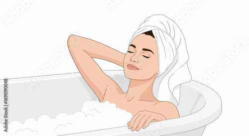 Relaxed woman enjoying a soothing bubble bath with eyes closed and a towel wrapped around her head.
