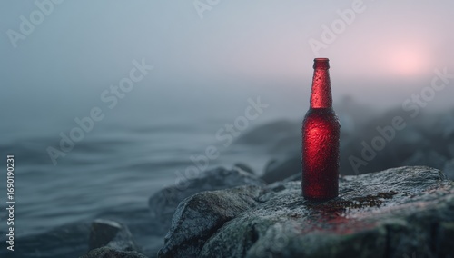A beer bottle on a misty rocky shore at sunrise