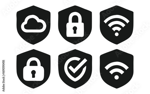 Security icons set cloud lock wifi shield checkmark protection data cybersecurity safety