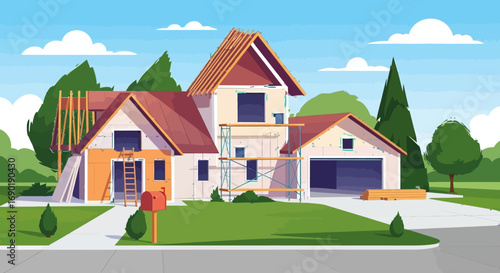 Suburban house under construction, showcasing new home building and renovation.