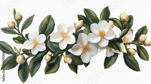 White Flower and Green Leaf Botanical Illustration