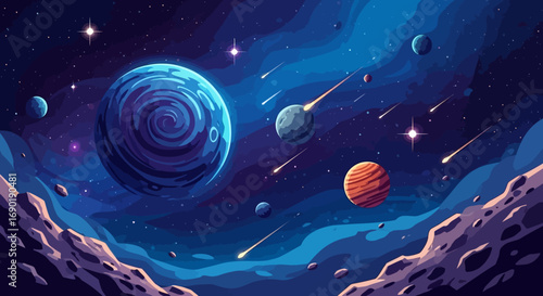 Vibrant cosmic landscape with swirling nebulae, distant planets, and shooting stars illuminating the night sky.
