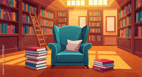 Cozy armchair with books in a warm, inviting library bathed in sunlight.