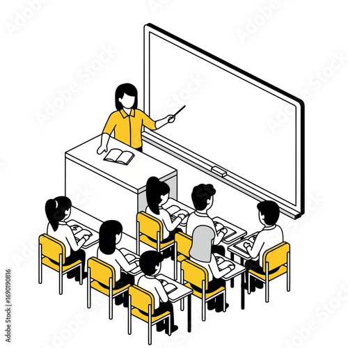 Vector vector art of classroom scene with teacher instructing students at desks, isometric view, transparent background