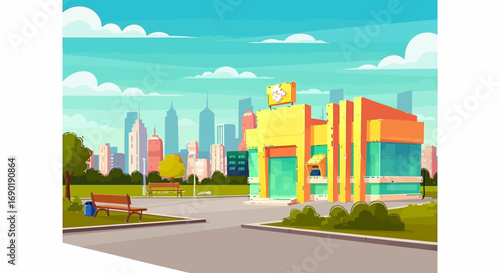 Bright, cheerful cartoon building in a sunny urban park setting with city skyline in background.