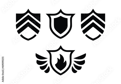 Collection of shield and chevron emblems symbolizing security protection and achievement