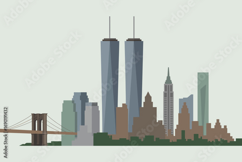 New York City Skyline Illustration with Iconic Landmarks Twin Towers and Brooklyn Bridge Graphic Design