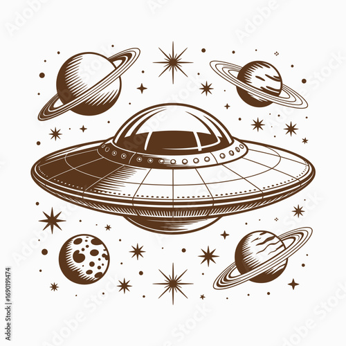 Retro UFO Illustration with Planets and Stars in Outer Space Vintage Style Design for Science Fiction Enthusiasts