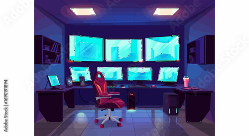 Futuristic control room with multiple monitors displaying data, illuminated by cool blue light.