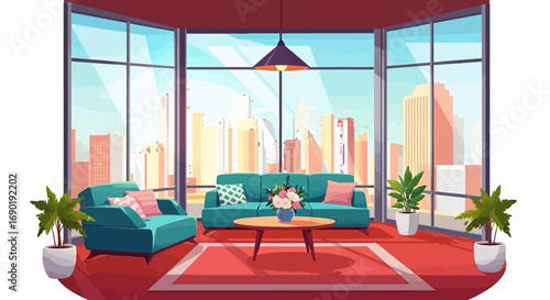 Modern living room with panoramic city view, offering a bright and inviting space.