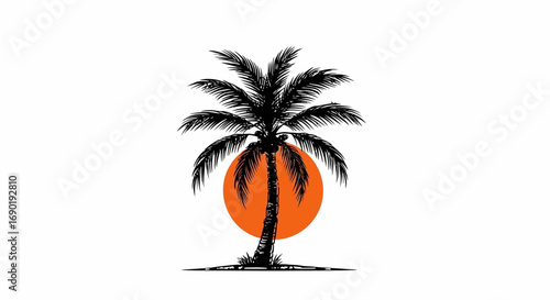 Silhouette of a palm tree against a vibrant orange sunset.