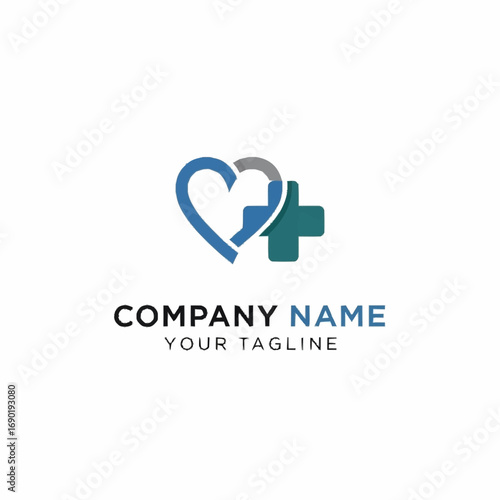 A modern and clean logo design featuring a stylized heart intertwined with a medical cross, symbolizing healthcare and well-being, with placeholder text for company name and tagline.