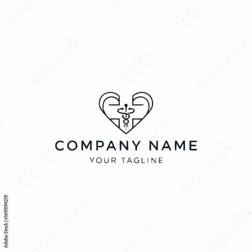 Minimalist line art logo of a heart containing a medical Rod of Asclepius symbol for a company.
