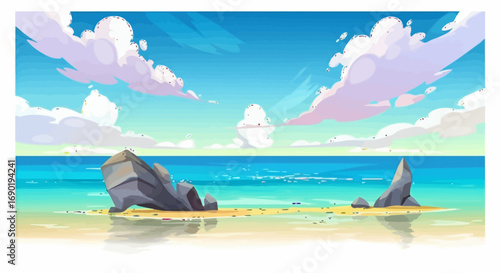 Vibrant cartoon beach with calm ocean, sandy shore, and fluffy clouds under a bright blue sky.