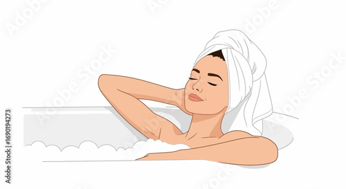Serene woman relaxing in a bubble bath, enjoying a moment of peace and self-care.
