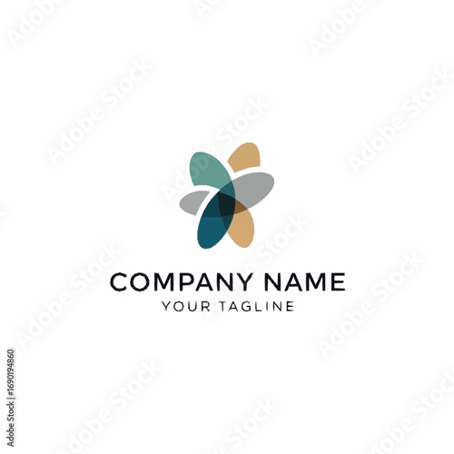 Abstract logo with overlapping petal shapes in muted colors, forming a star or flower.