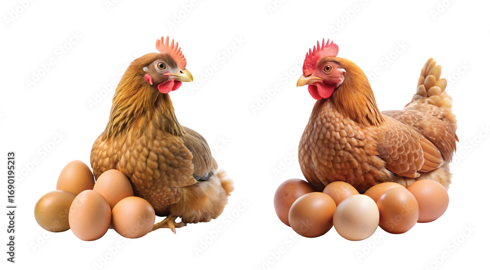 Fototapeta premium Hen with Eggs: A brown hen sitting beside fresh eggs, sharp PNG with natural farm style.