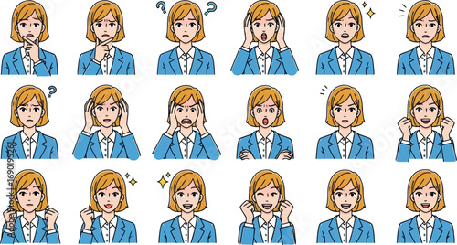 Vector vector art of womans facial expressions showing various emotions and reactions, transparent background