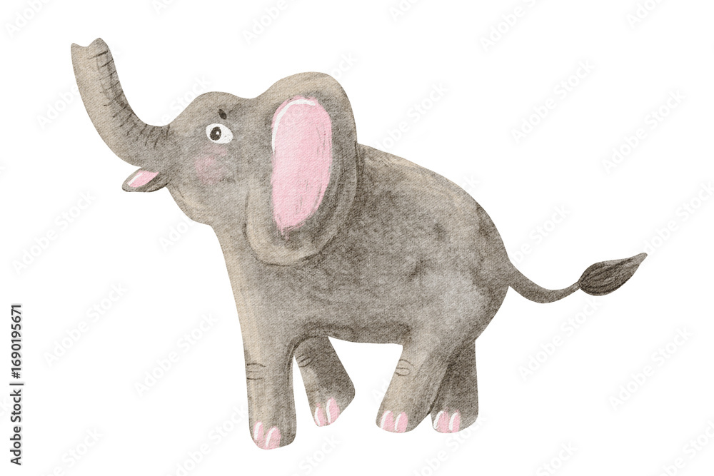 Obraz premium Watercolor elephant kids drawing illustration isolated on white. African savannah animal trumpets and smiling. Cute child painting for nursery designs