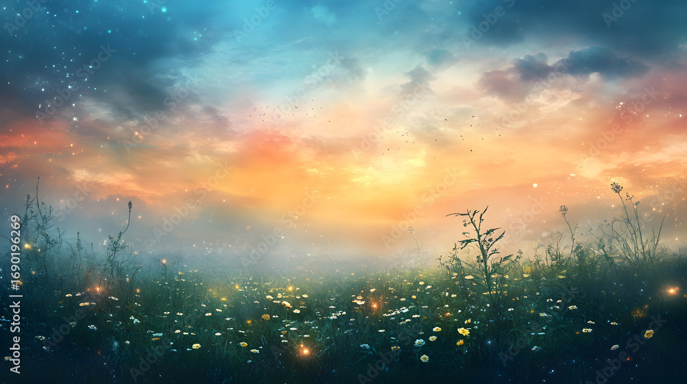 Fototapeta premium Magical meadow filled with wildflowers under a vibrant, starry twilight sky with glowing orbs.