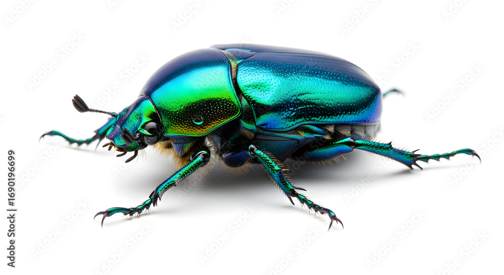 Naklejka premium A vibrant, iridescent green and blue jewel beetle shown in a detailed macro shot against a stark white background.